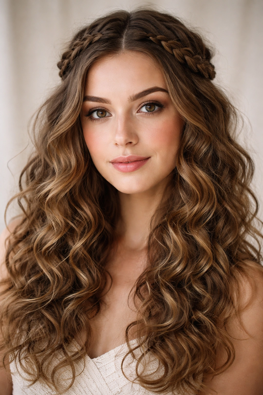 Braided crown with free curls framing face and loose curls beneath