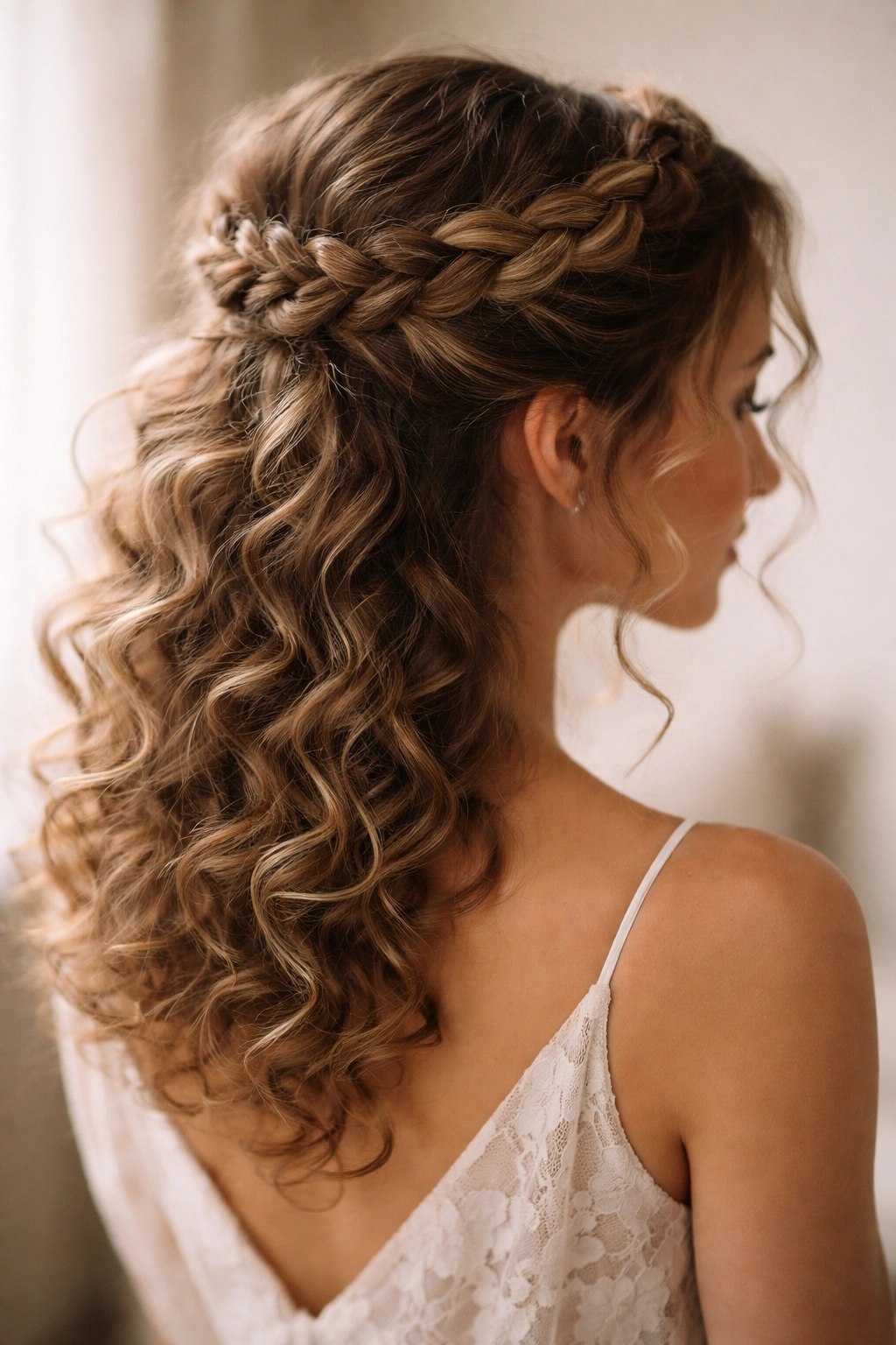 Braided crown updo with loose curls surrounding the head