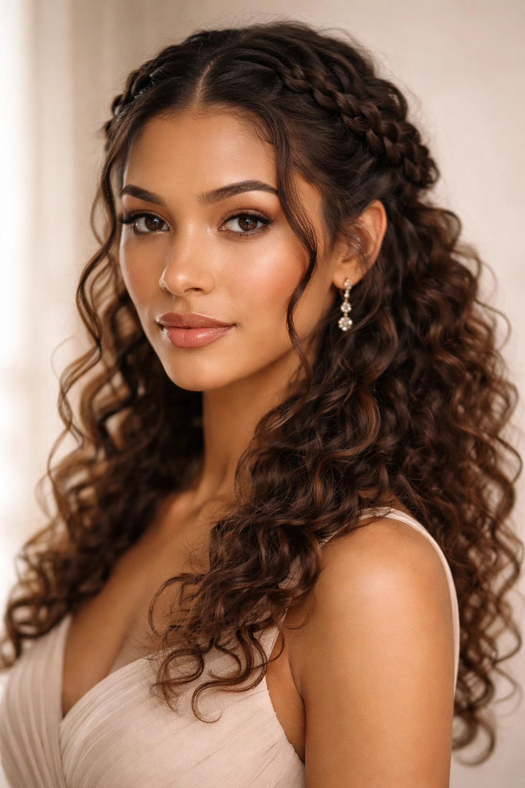 Braided crown hairstyle with face-framing braids and loose curls.