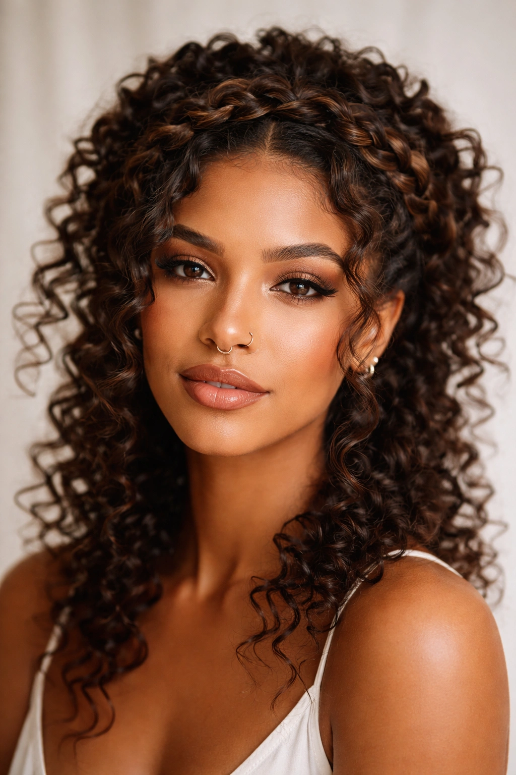 Curly hair braided into a crown with curls peeking through