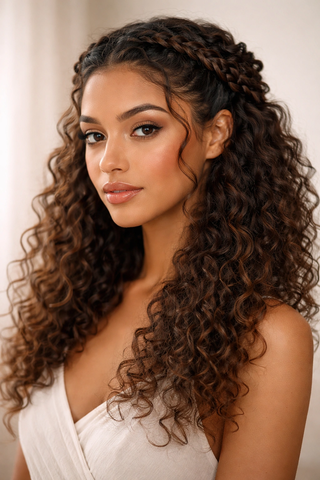Braided crown with loose curls hairstyle