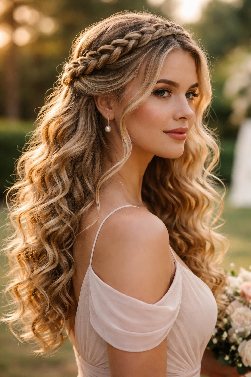 Profile view of a bridesmaid with a braided crown and flowing curls