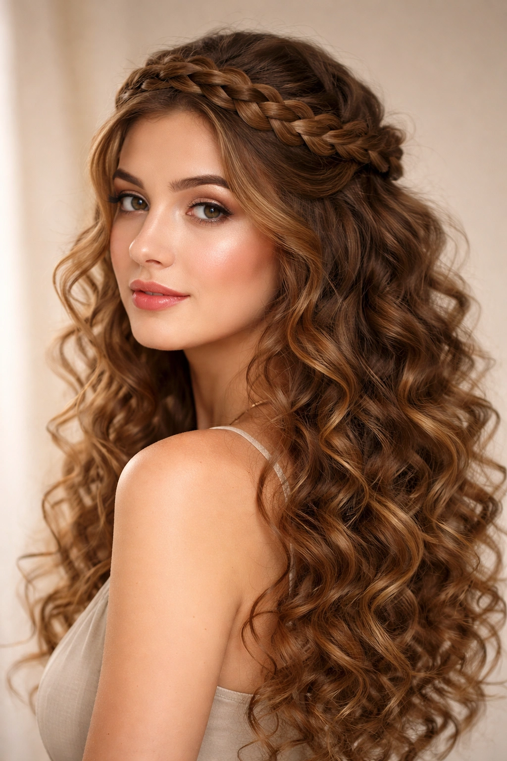 Braided crown with loose curls cascading down