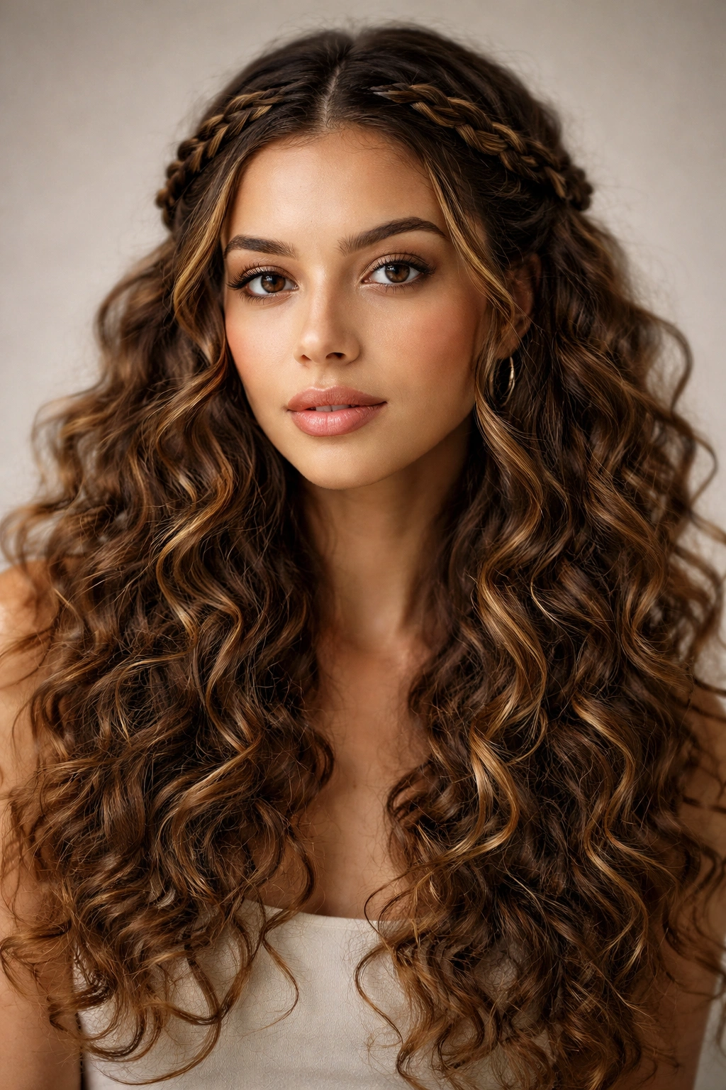 Face framed by a braided crown with long curly ends