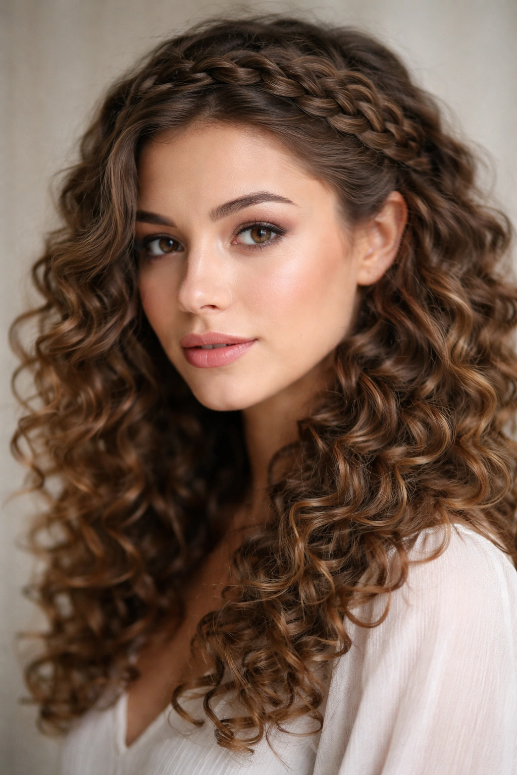 Portrait of a person with a braided crown over curling hair.