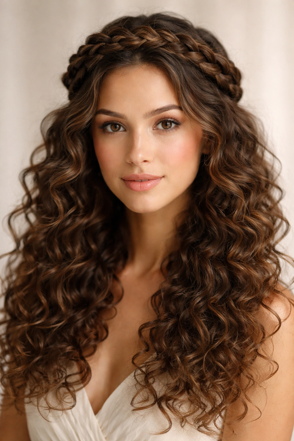 Halo crown braid with curls flowing beneath on natural hair