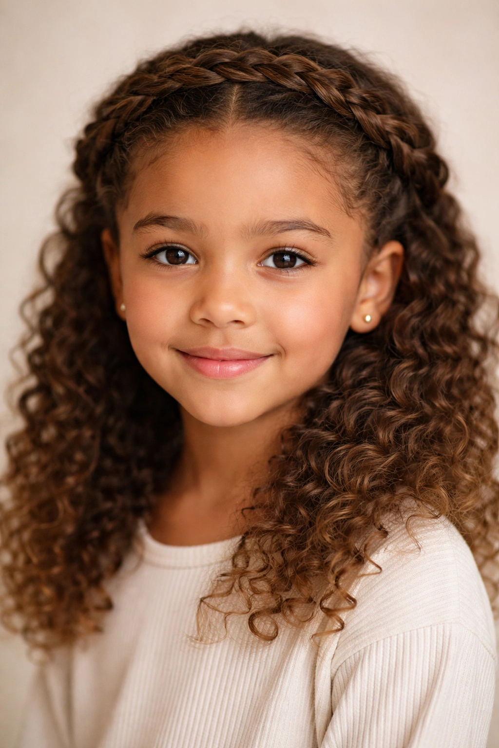 Child wearing a braided crown around the head with curls underneath