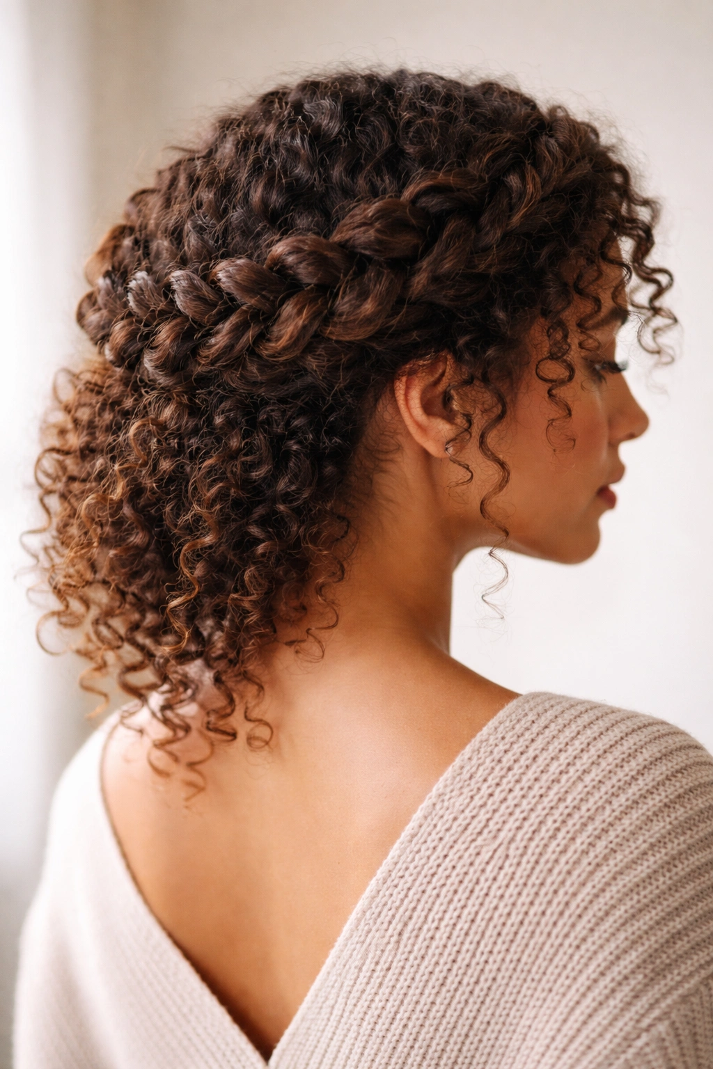 Halo braid around curly crown with textured, loose strands.