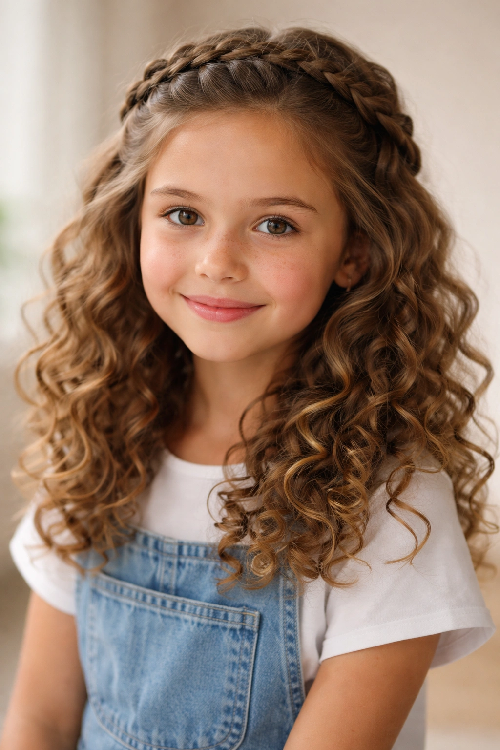 Braided crown across top of head with loose curls underneath.