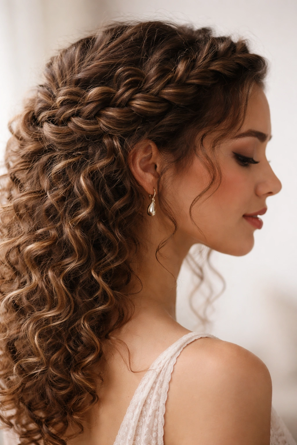 Close-up side profile of curly hair featuring a braided crown halo for prom