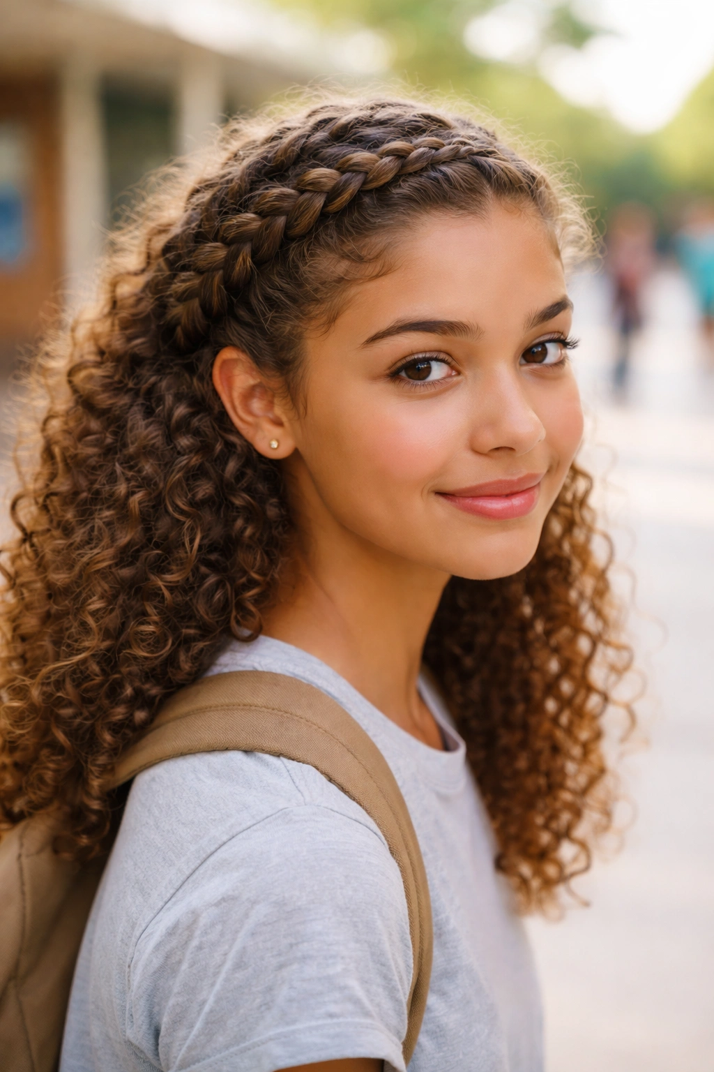 Close-up of a curly-haired student wearing a crown braid across the head.