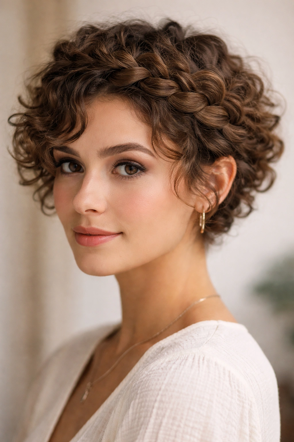 Braided crown wrap over short curls