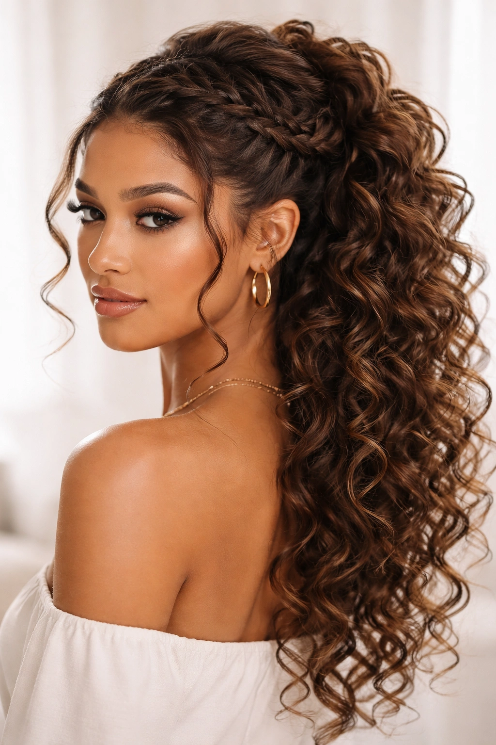 Crown braids with cascading curls forming a structured updo