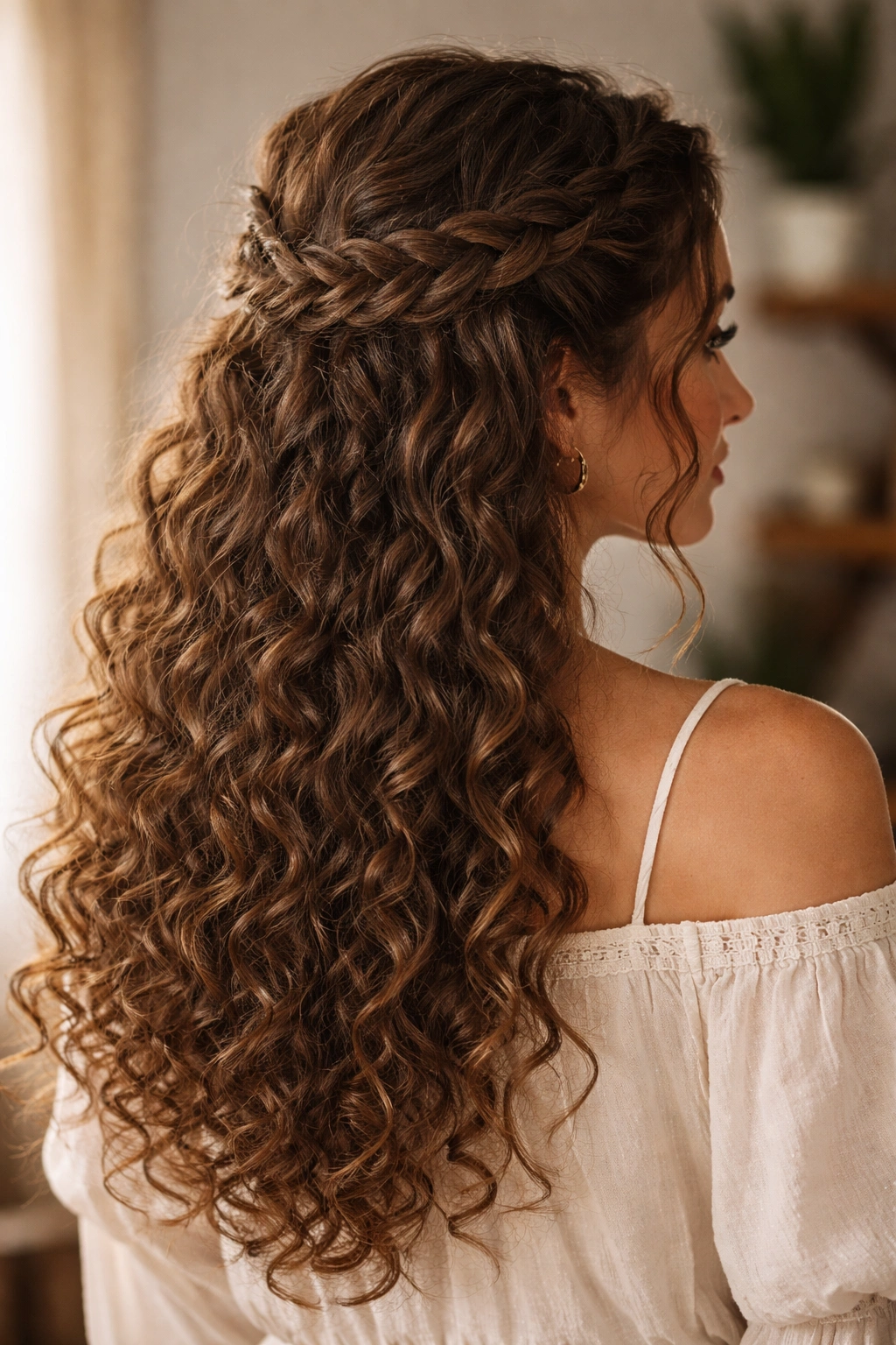 Curly hair with a crown braid across the back and loose curls