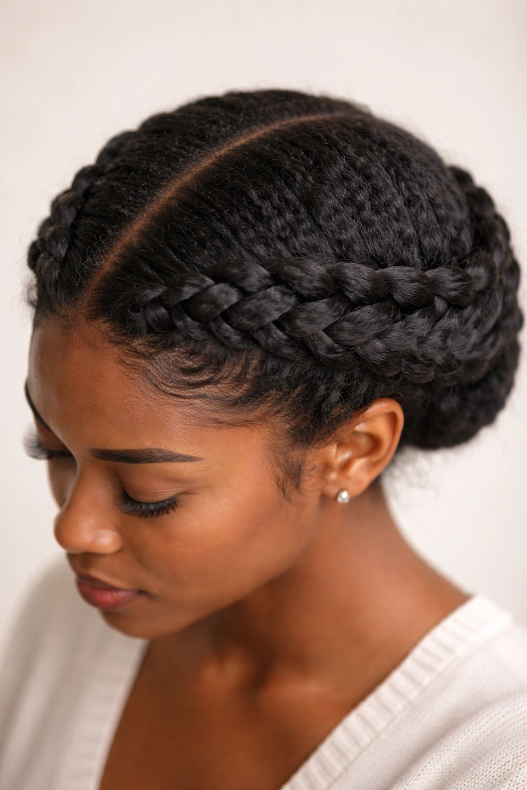 Top view of a braided crown hairstyle forming a halo around the head