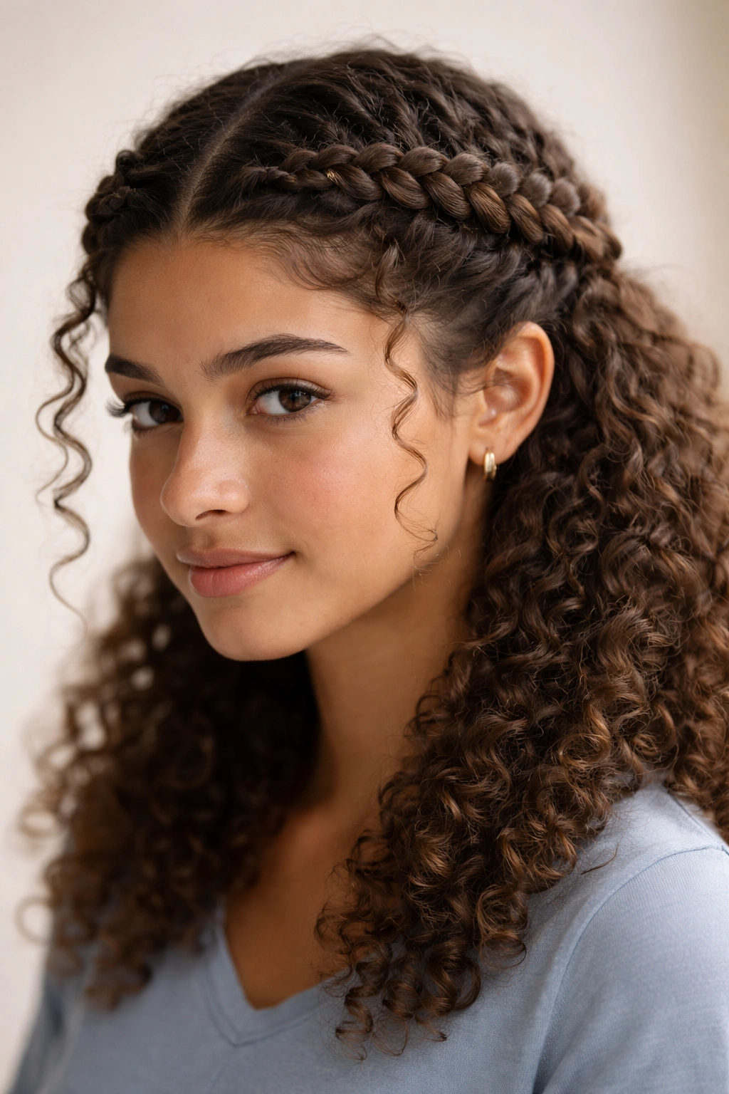 Close-up of a braided crown halo on curls, secure face-framing headband of braids