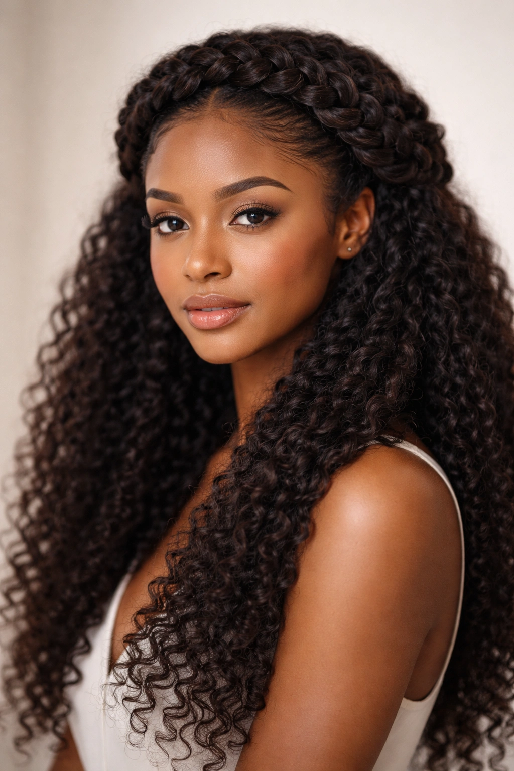 Long afro hair styled into a braided crown encircling the head