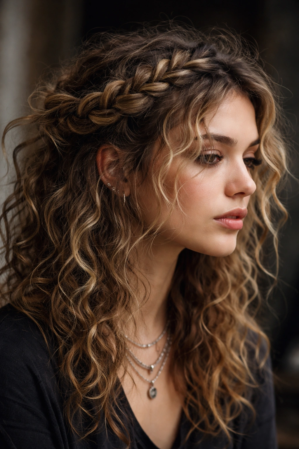 Crown braid around head with curls peeking out