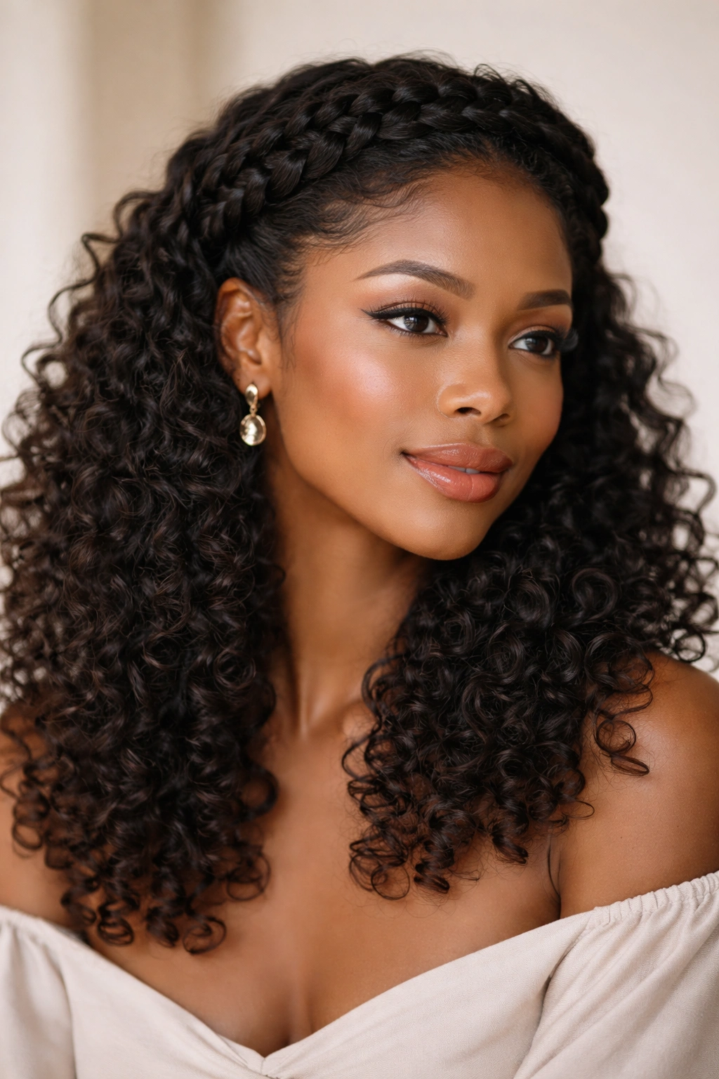 Portrait of a braided crown with loose curls cascading beneath