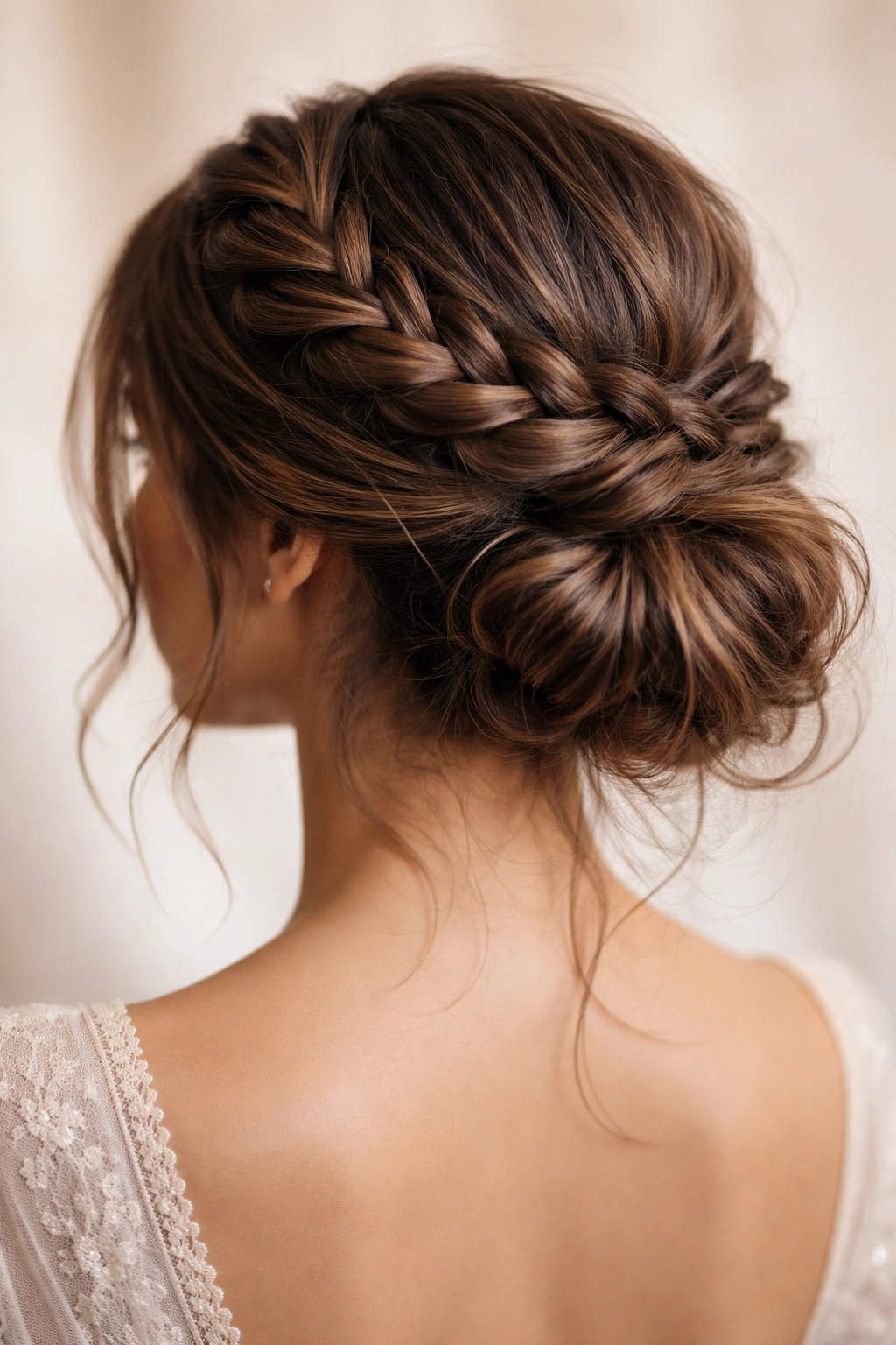 Braided crown flowing into a low messy bun