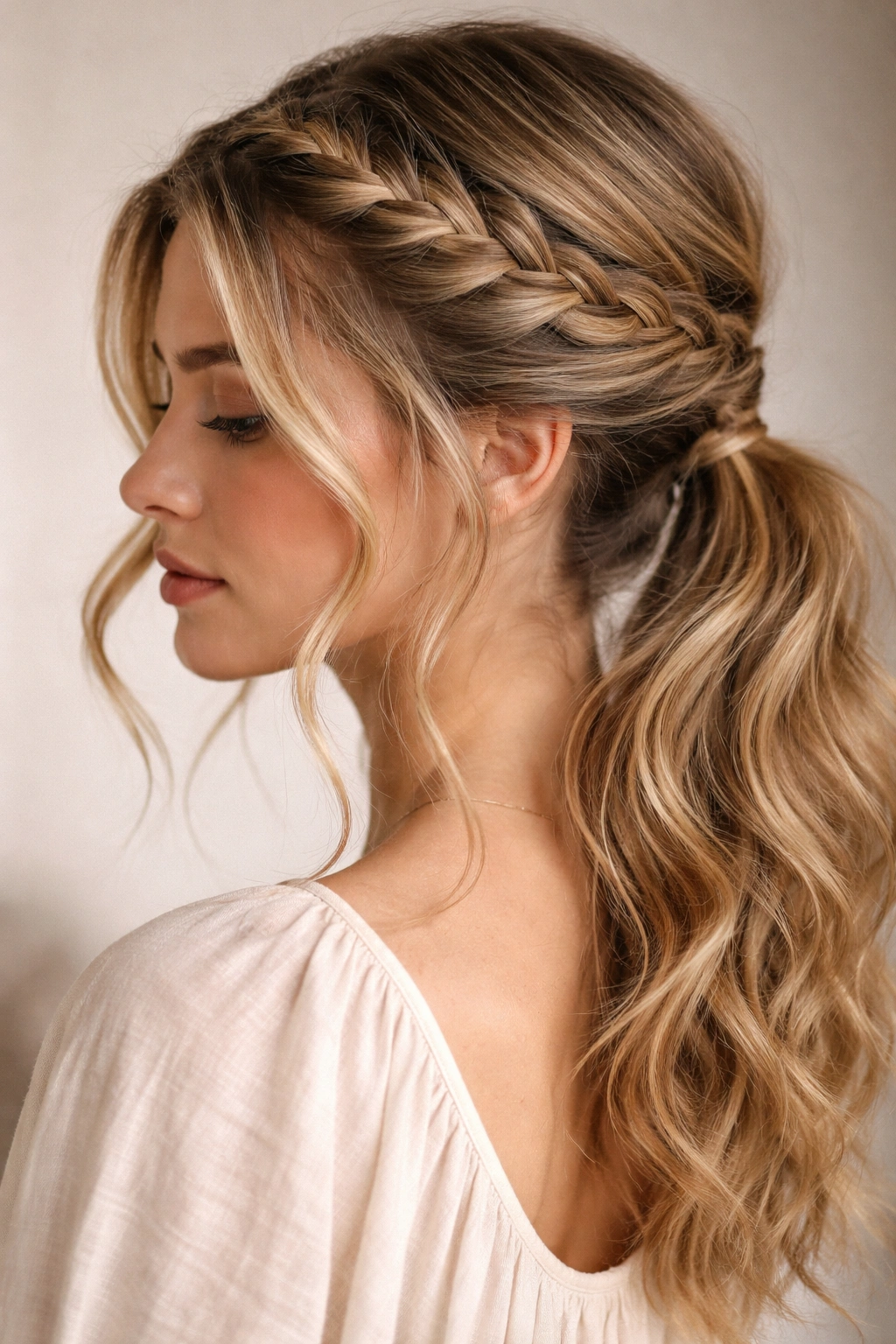 Braided crown with low ponytail and wavy texture