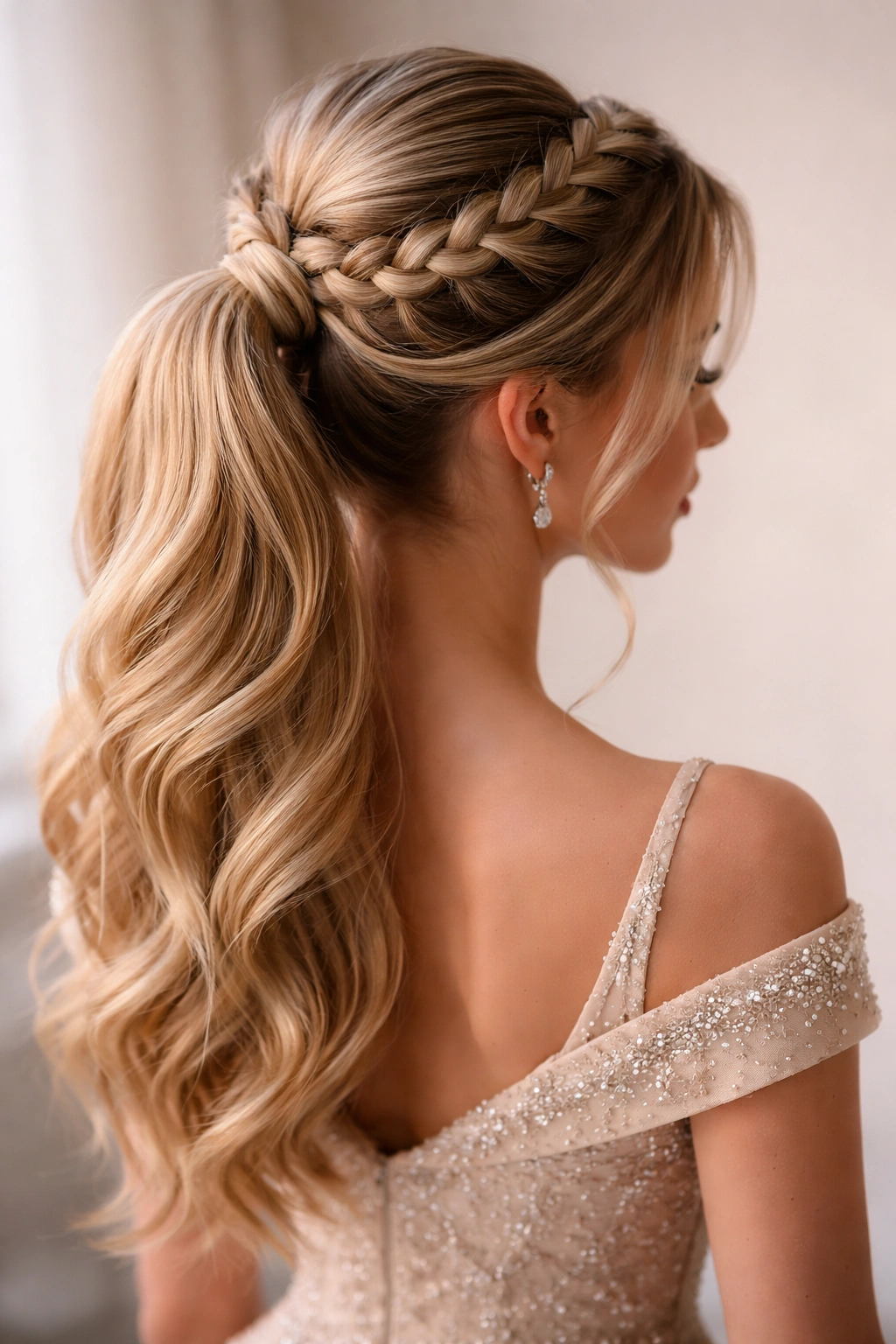 Braided crown ponytail with crown braids flowing into the ponytail