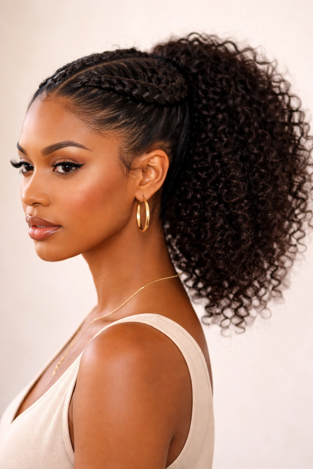 Close-up of halo braided crown transitioning into a curly ponytail