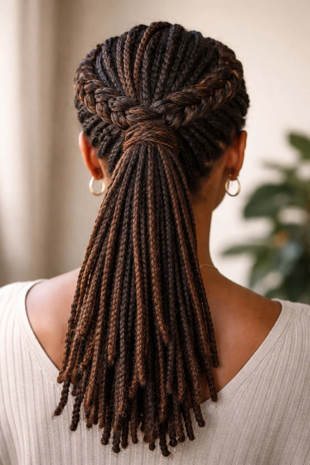 Front-to-back view showing braided crown around head with ponytail emerging