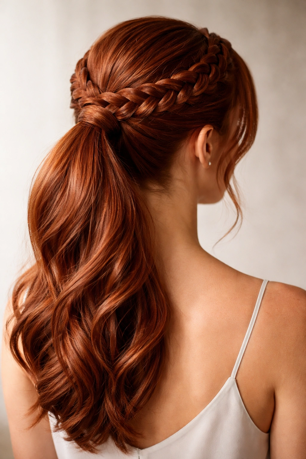 Back view of braided crown ponytail with braids wrapping around the head into a ponytail