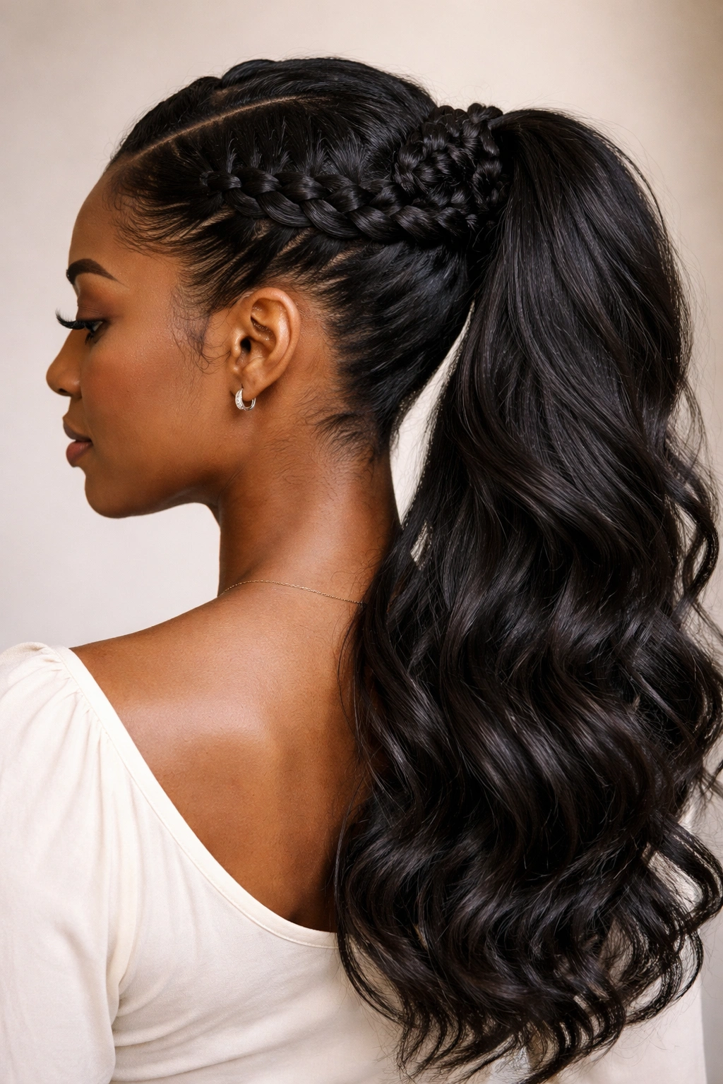 Close-up of a braided crown around the head meeting a ponytail at the base on Black hair.