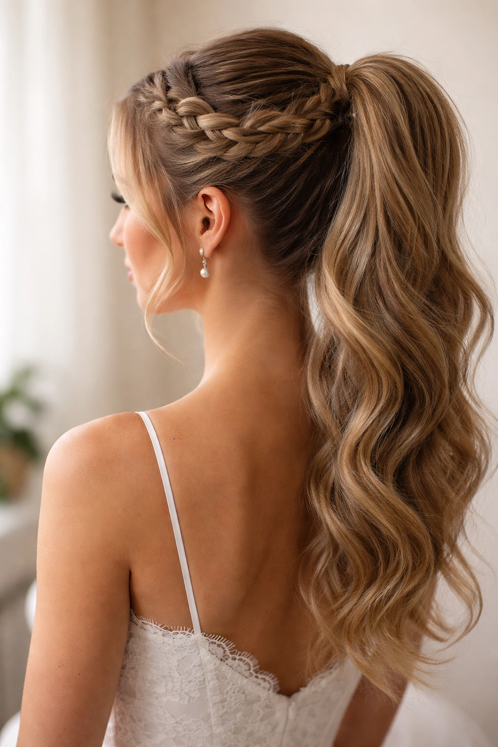 Side view of a braided crown ponytail with a crown braid