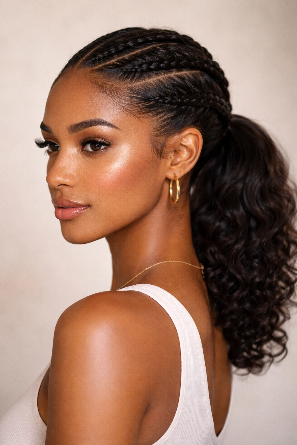 Braided crown flowing into a low ponytail on curly hair