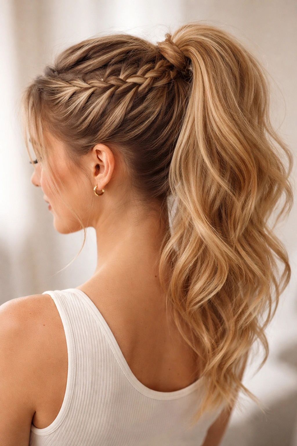 Braided crown integrated into high ponytail creating fullness