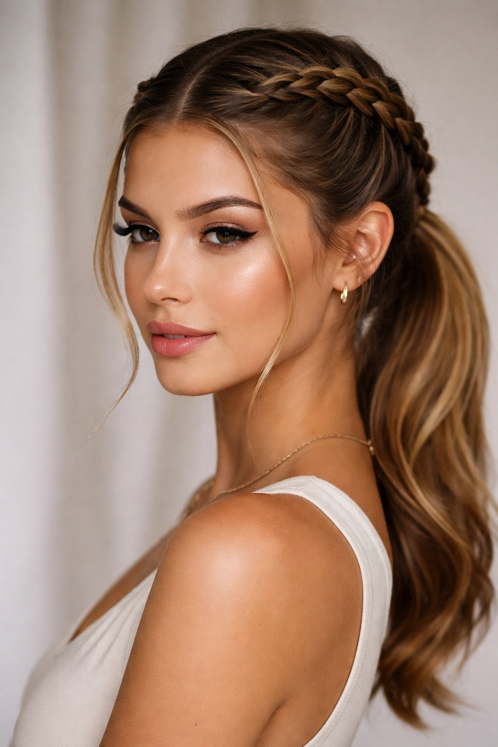 Back view of braided crown with middle-part tail and ponytail