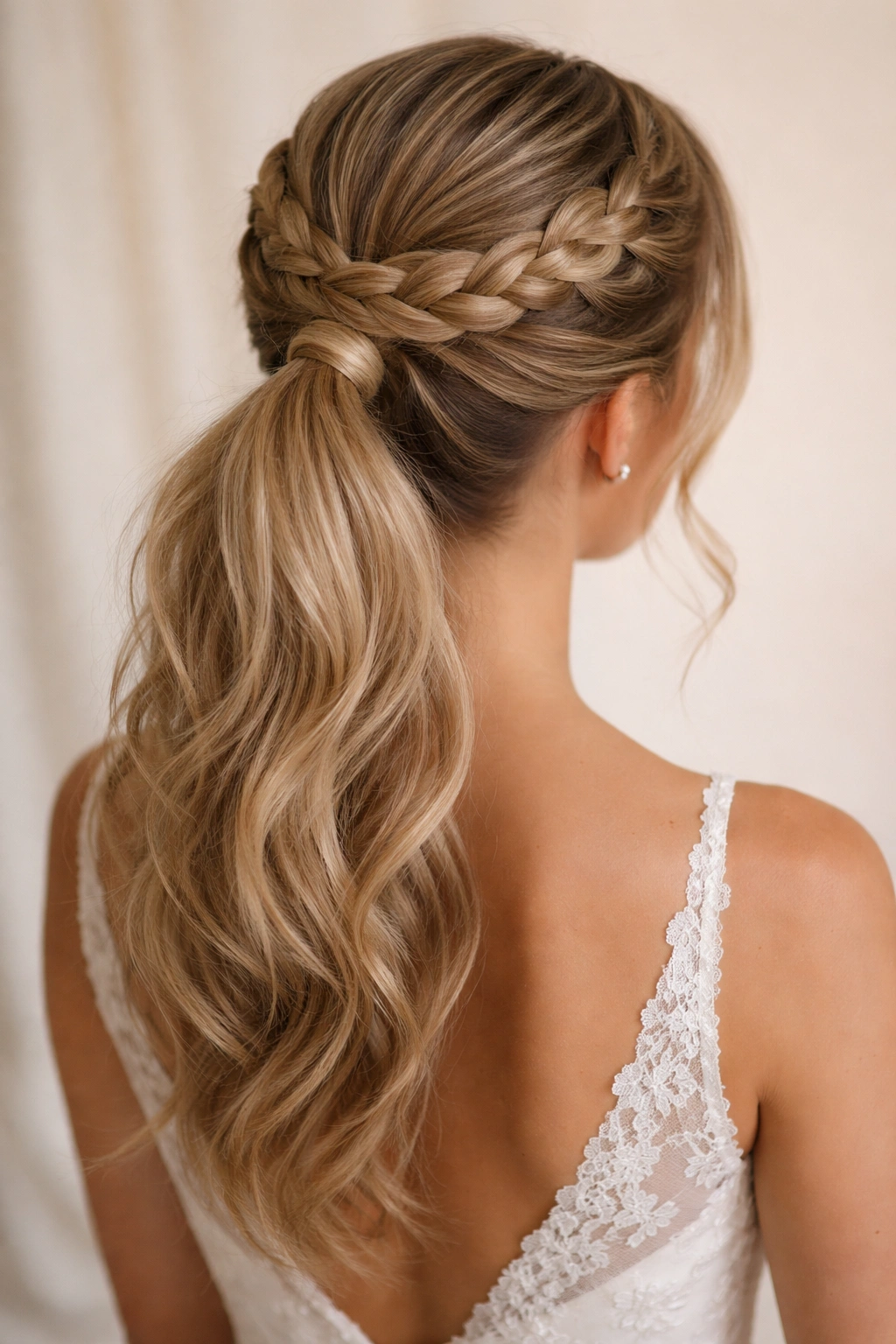 Top-back view of The Braided Crown Ponytail with crown braid encircling the head