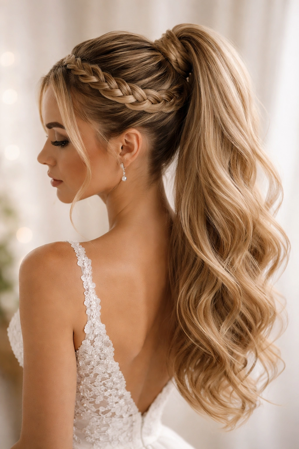 High ponytail with intricate braided crown bridal hairstyle