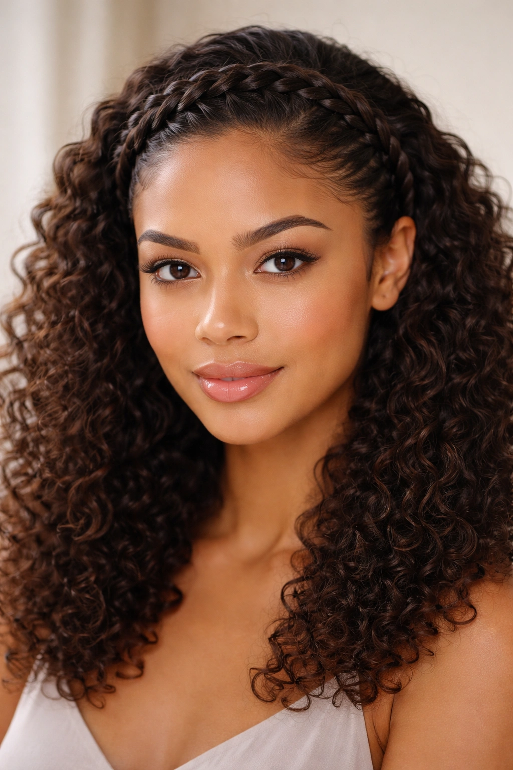 Front view of a sleek braided crown across the head with curly texture