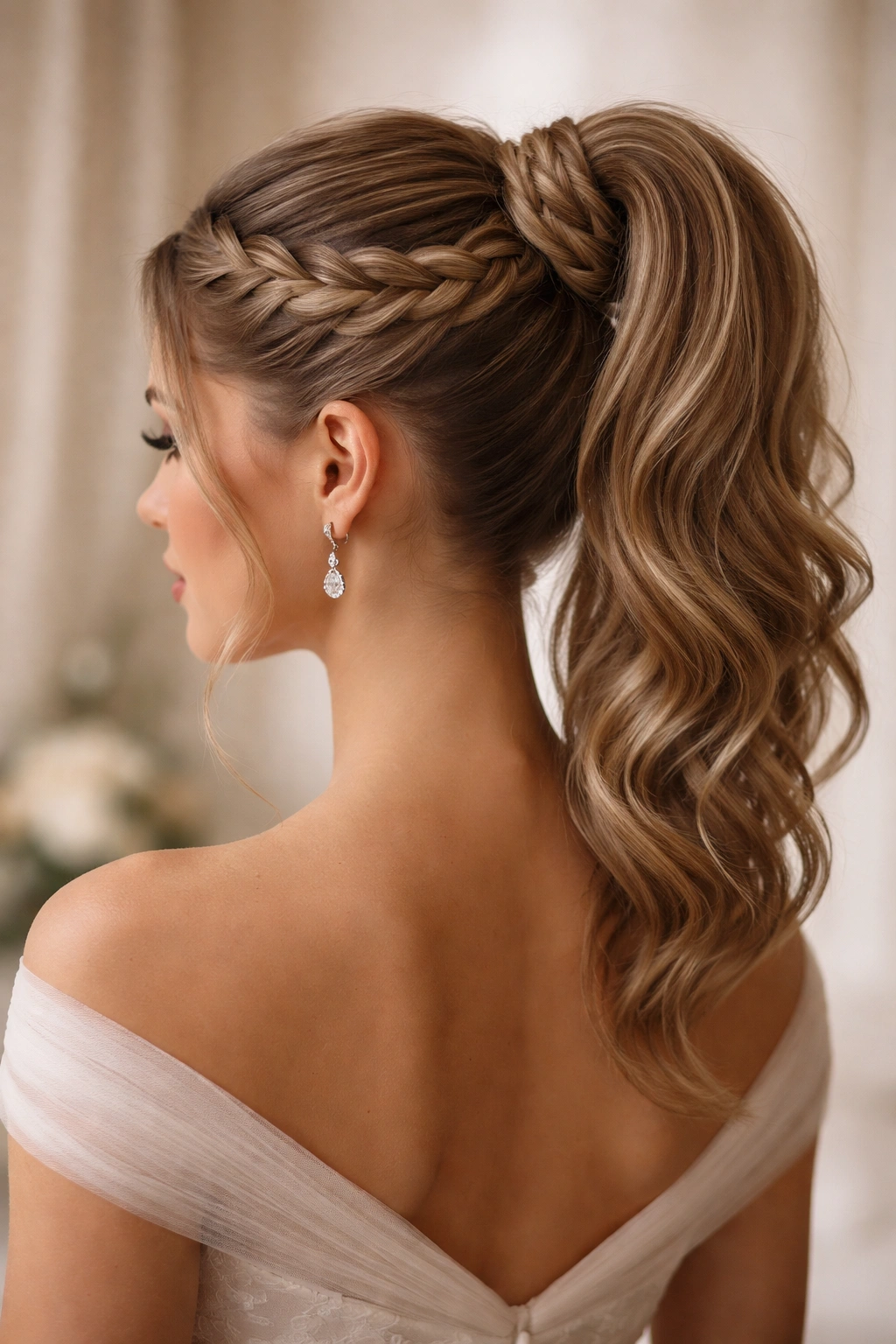High ponytail with braided crown woven into a neat bun