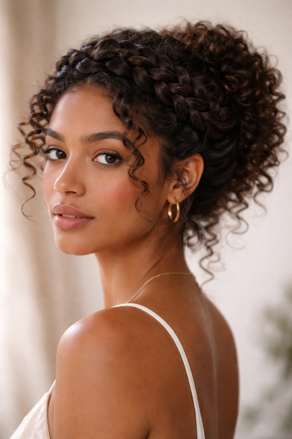 Braided crown updo on thick curly hair with loose bun.