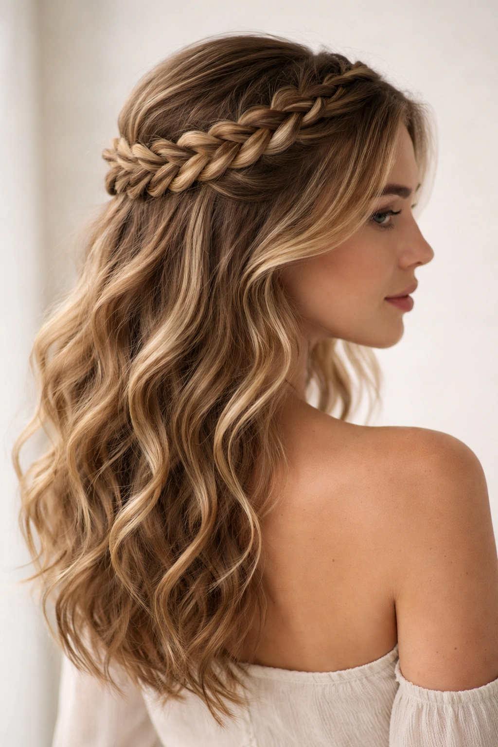 Braided crown updo with curved braid and flowing waves