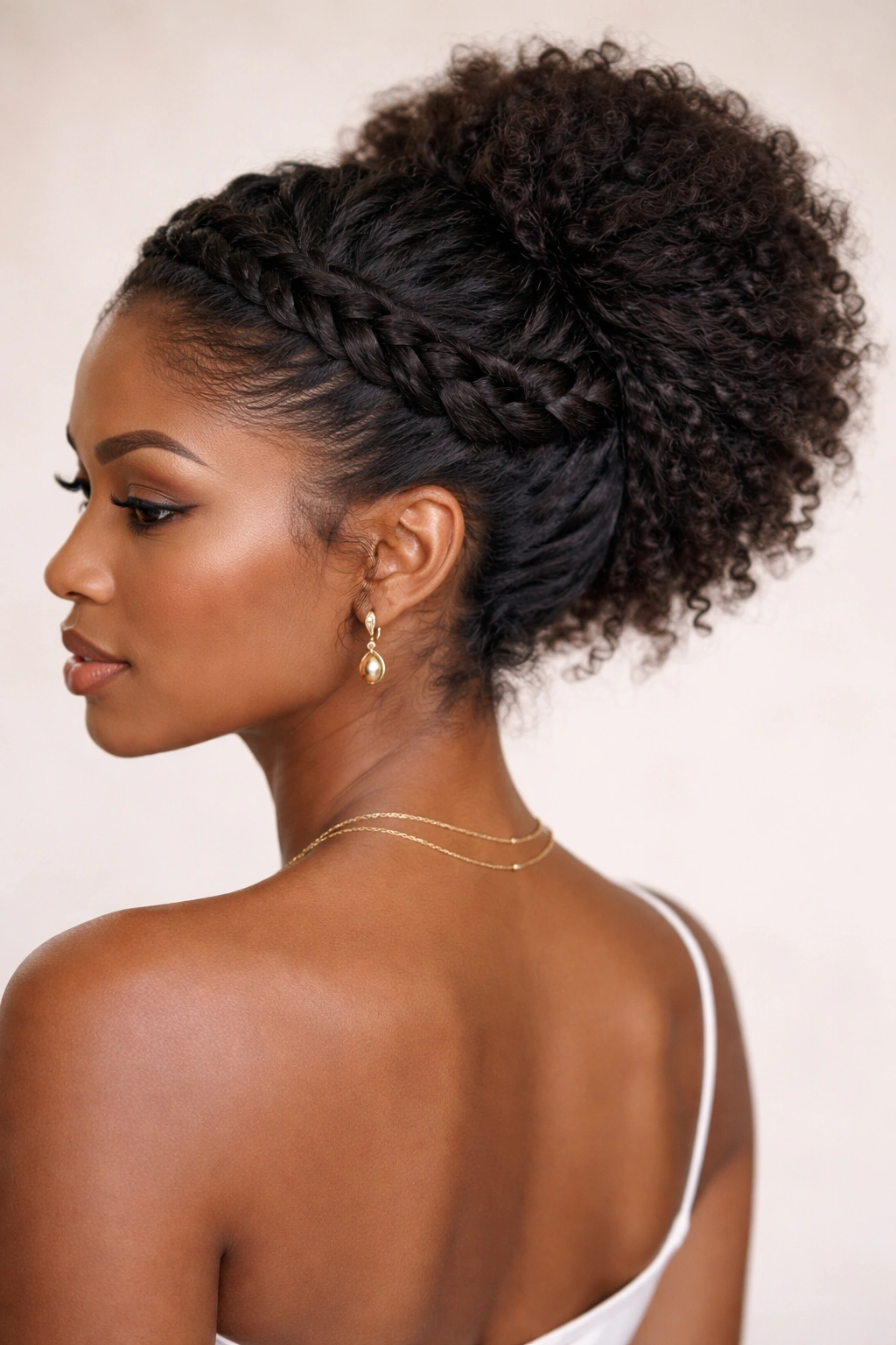 Braided crown around head with upswept back hair creating volume.