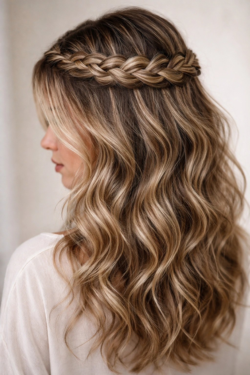 Close-up of a braided crown with loose, textured waves framing shoulder-length hair