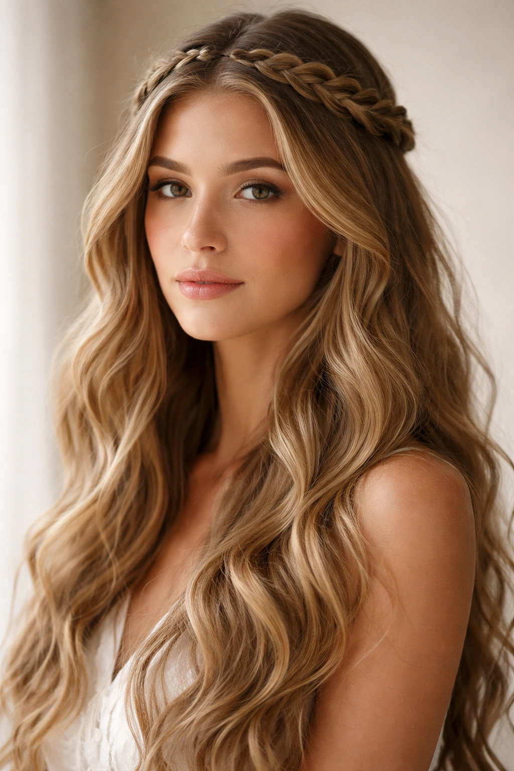 Close-up of long, wavy hair with a crown braid across the crown in soft studio light