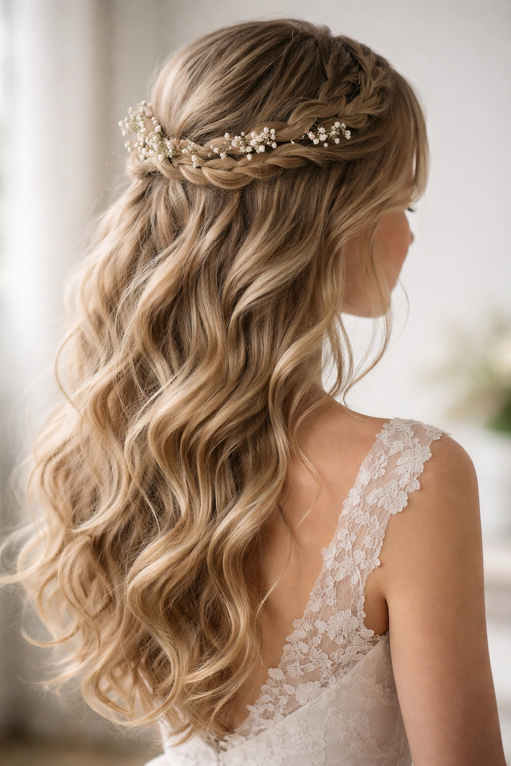 Braided crown with soft waves and delicate floral weaving