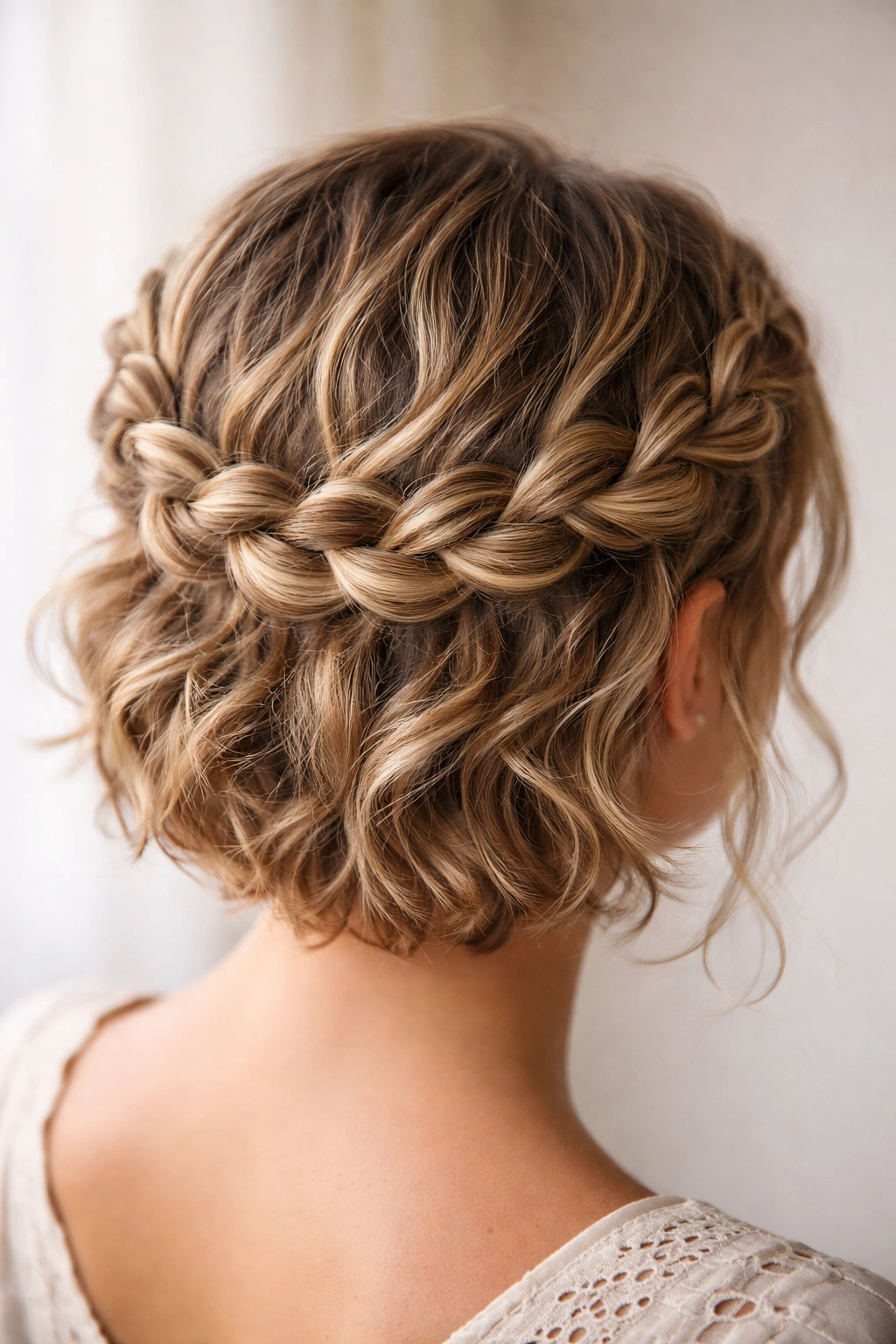 Halo braid around the crown with wavy hair