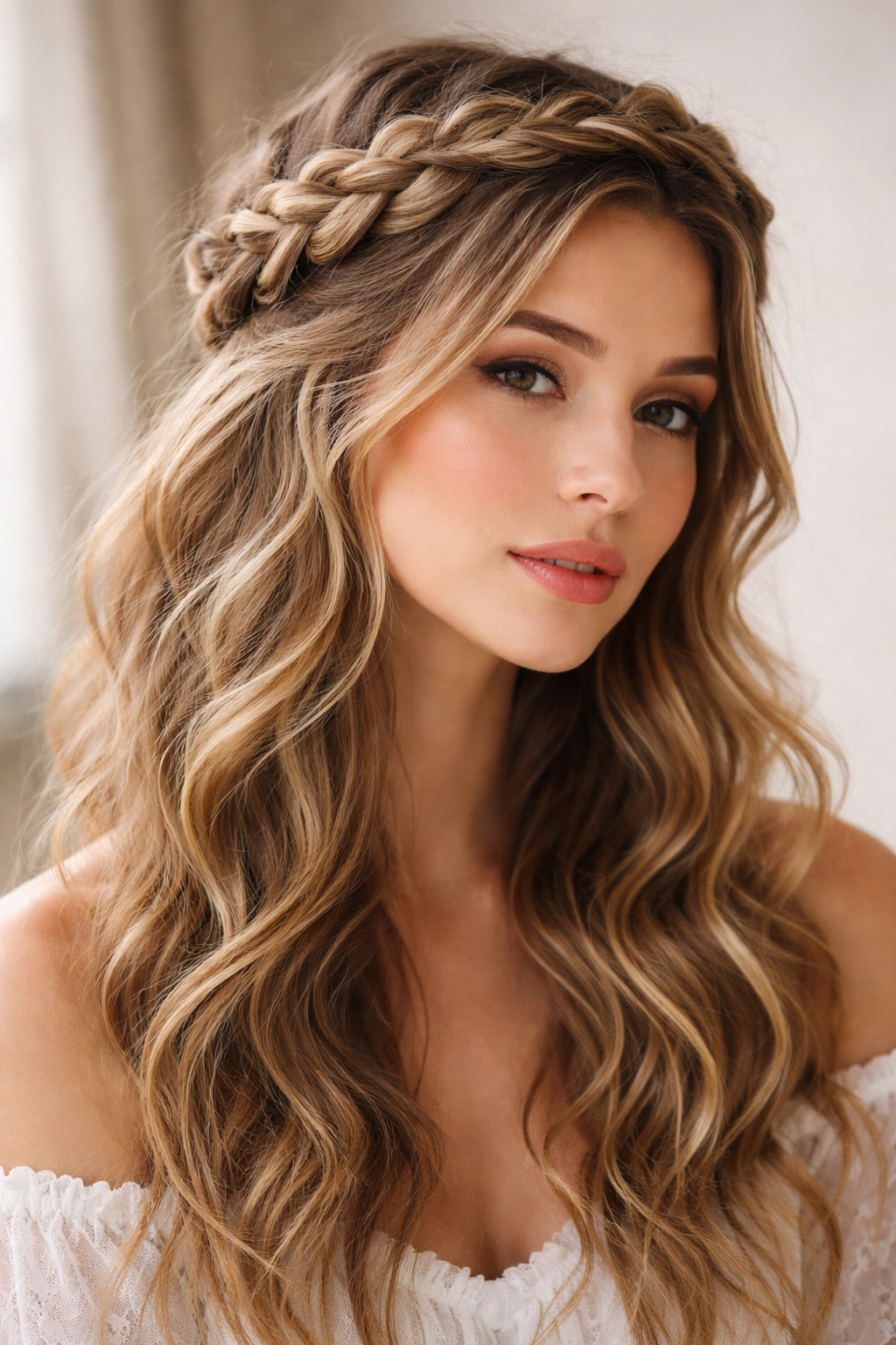 Head with crown braid across top, waves visible beneath