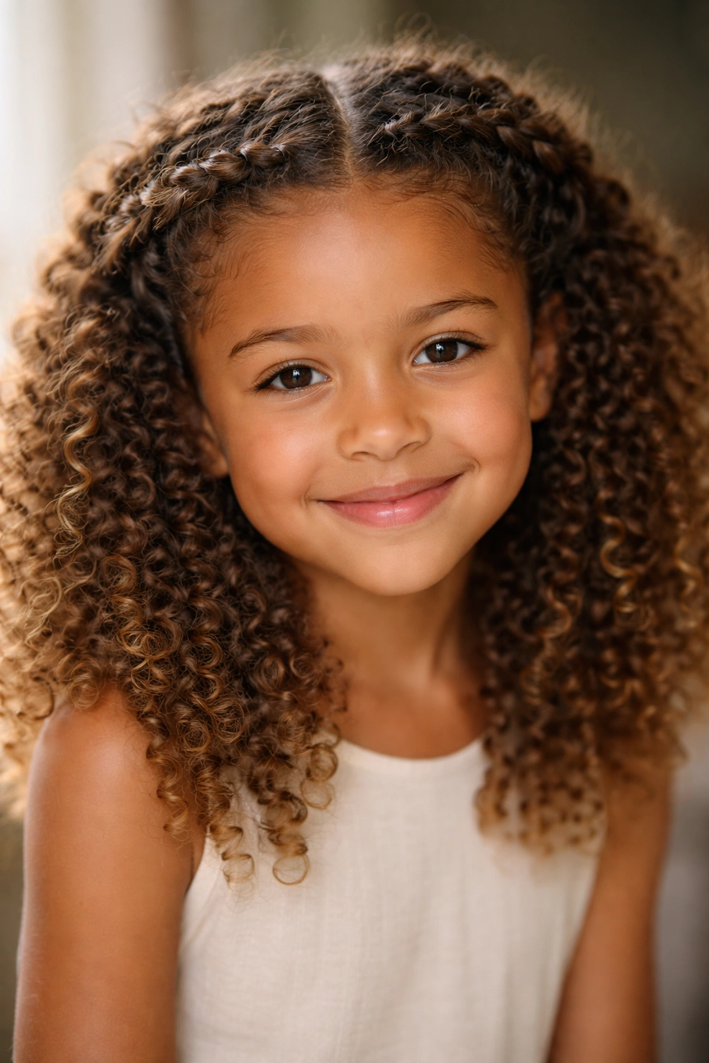 Curly-haired child wearing a crown braid around the head