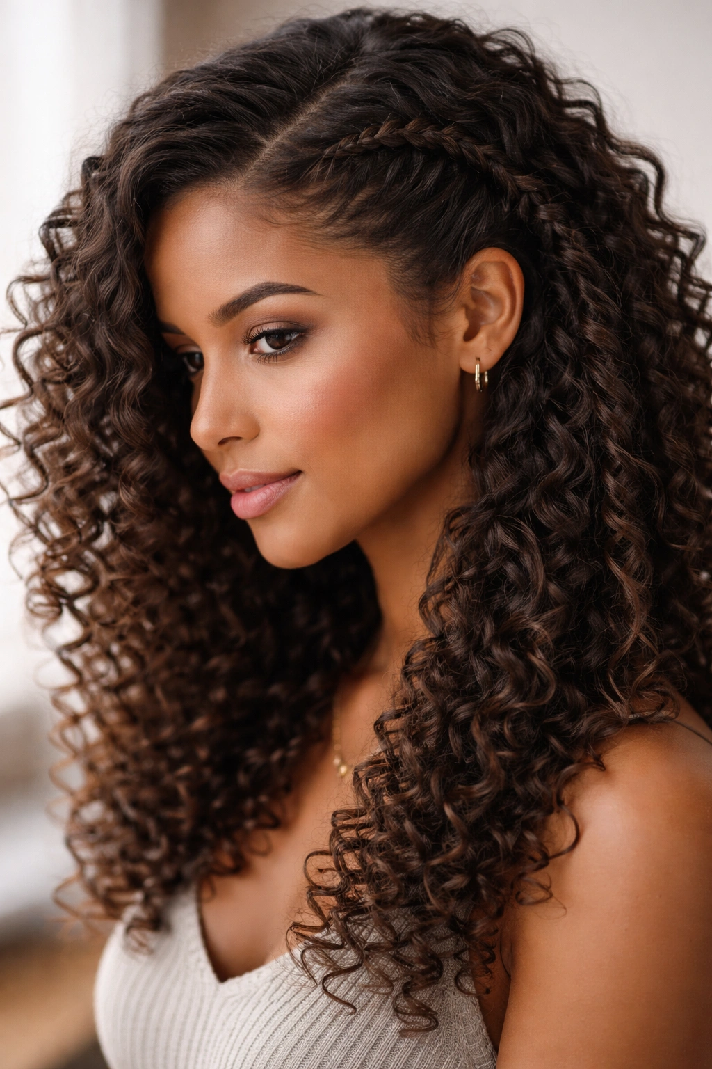 Braided side part with curls showing a simple braid starting at the part