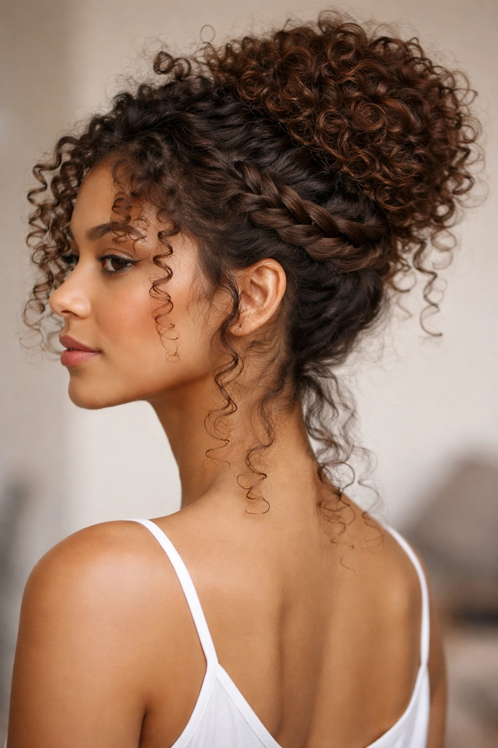 Braided curly bun with braid around base and curls framing the face