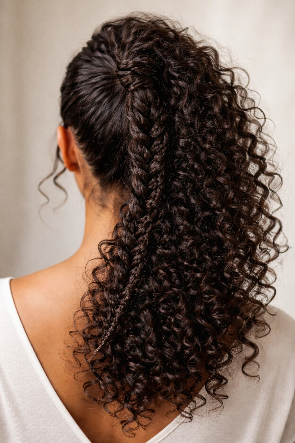 Back view of curly ponytail with braided detail